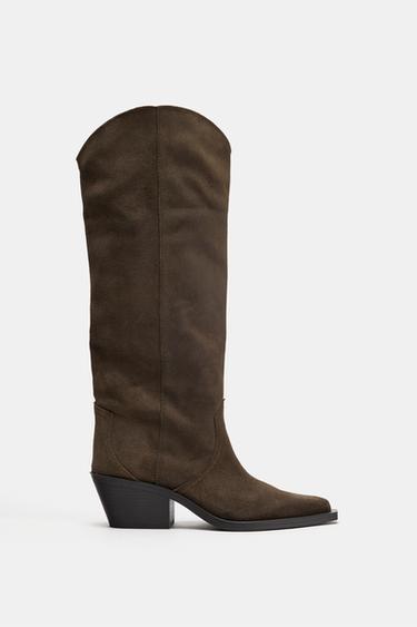 BOTTES COW-BOY EN CUIR - Vert kaki de Zara