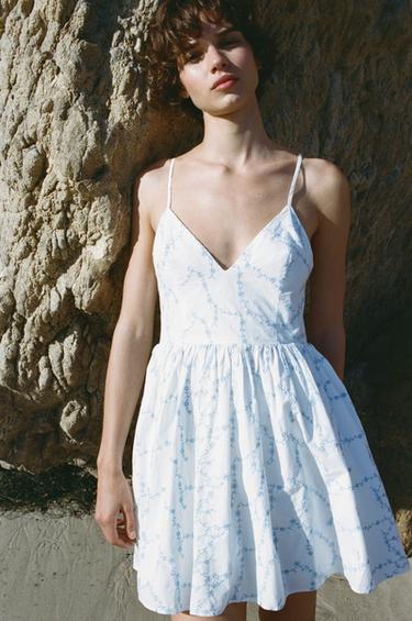 EMBROIDERED POPLIN DRESS - Blue/White by Zara