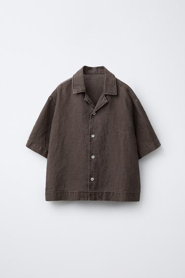 CAMISA COM LINHO BORDADO FILIPE JARDIM X ZARA - Marrom da Zara