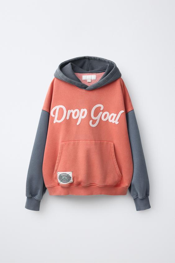 COLOUR BLOCK SLOGAN HOODIE - Red by Zara - Image 0