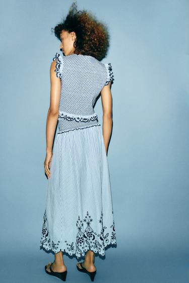 EMBROIDERED CHECK MIDI SKIRT - Blue/White by Zara - Image 3