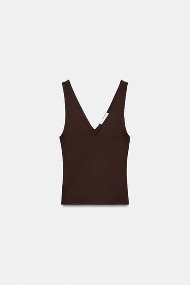 Zara RIB V-NECK TOP - Brown