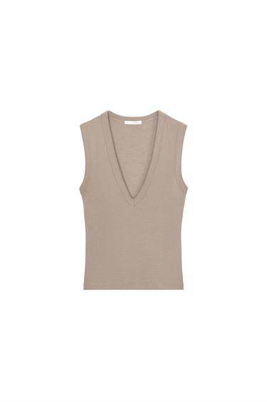 COTTON V-NECK T-SHIRT - Brown / Taupe by Zara