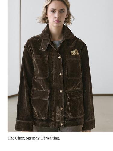 Zara Flocked denim jacket with collar detail - Khaki