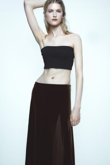 FALDA MIDI COMBINADA TERCIOPELO - Chocolate de Zara