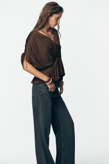 GATHERED SATIN BLOUSE - Brown by Zara - Image 3