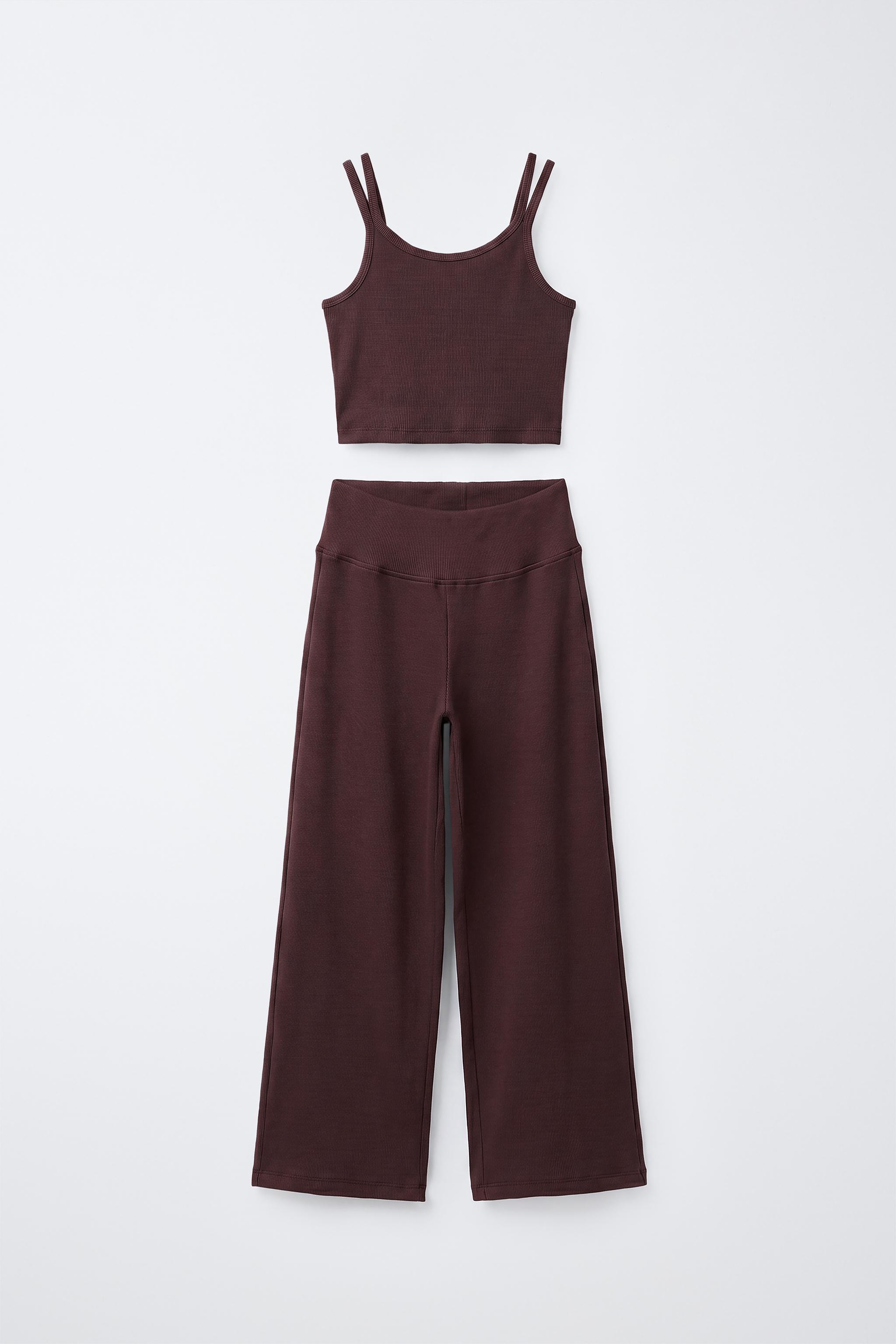RIB TOP AND STRAIGHT PANTS SET — Brown