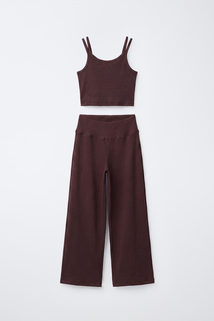 RIB TOP AND STRAIGHT PANTS SET — Brown