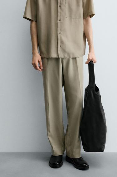 Zara RELAXED FIT PLEATED PANTS - Olive green
