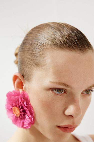 Zara RAFFIA FLOWER EARRINGS - Pink
