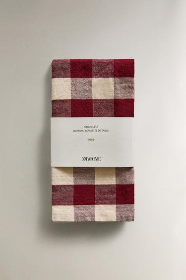 PACK OF LARGE CHECK NAPKINS (PACK OF 2) - Burgundy by Zara - Image 4