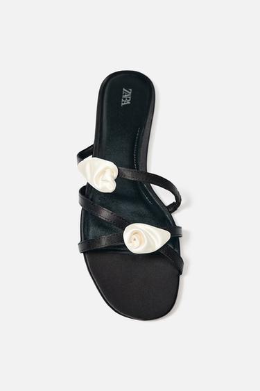 SATIN-EFFECT FLORAL SANDALS - Black by Zara