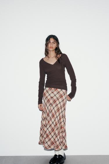 Zara PLAID MIDI SKIRT - Beige / Taupe brown