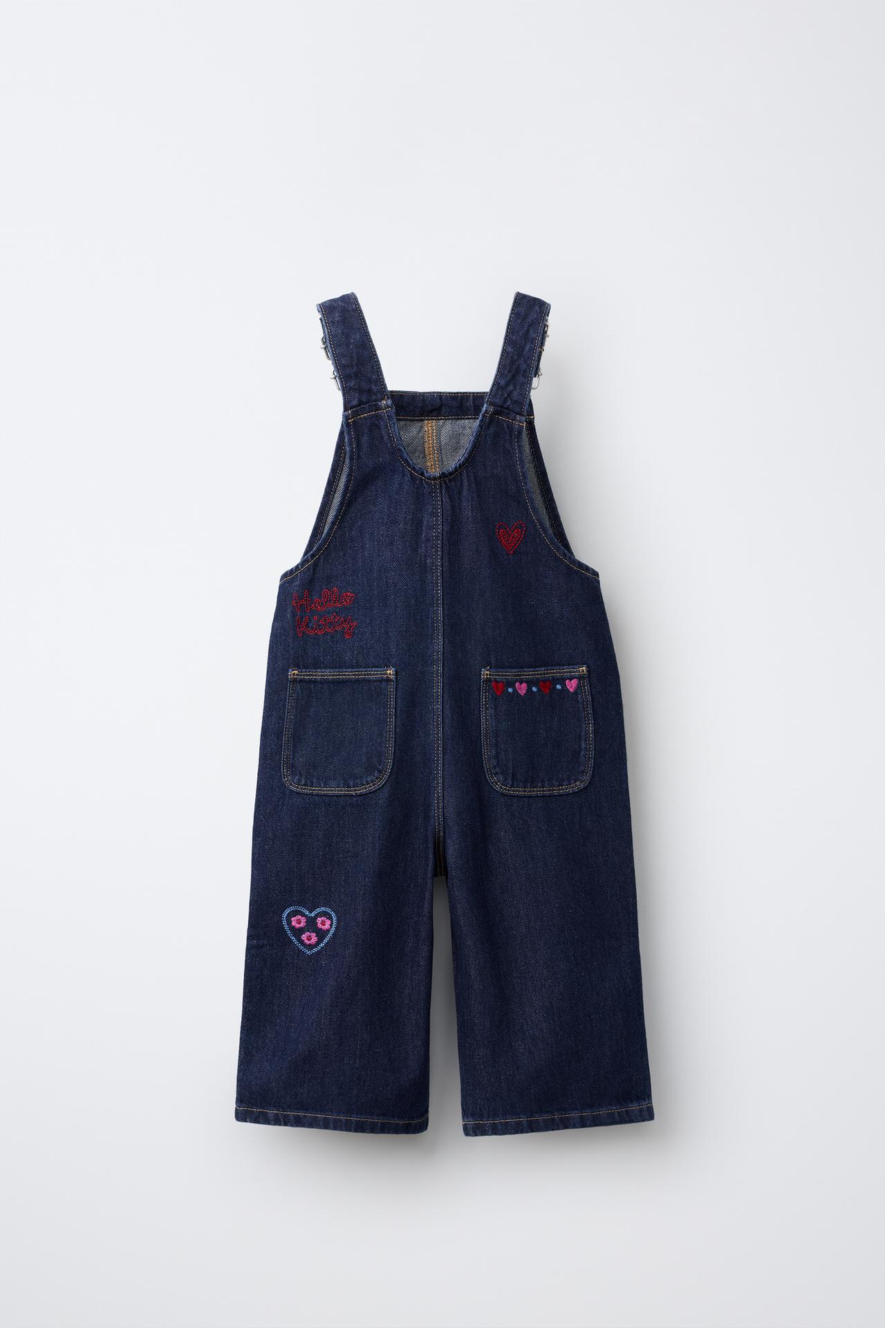 HELLO KITTY © SANRIO EMBROIDERED DENIM OVERALLS — Blue
