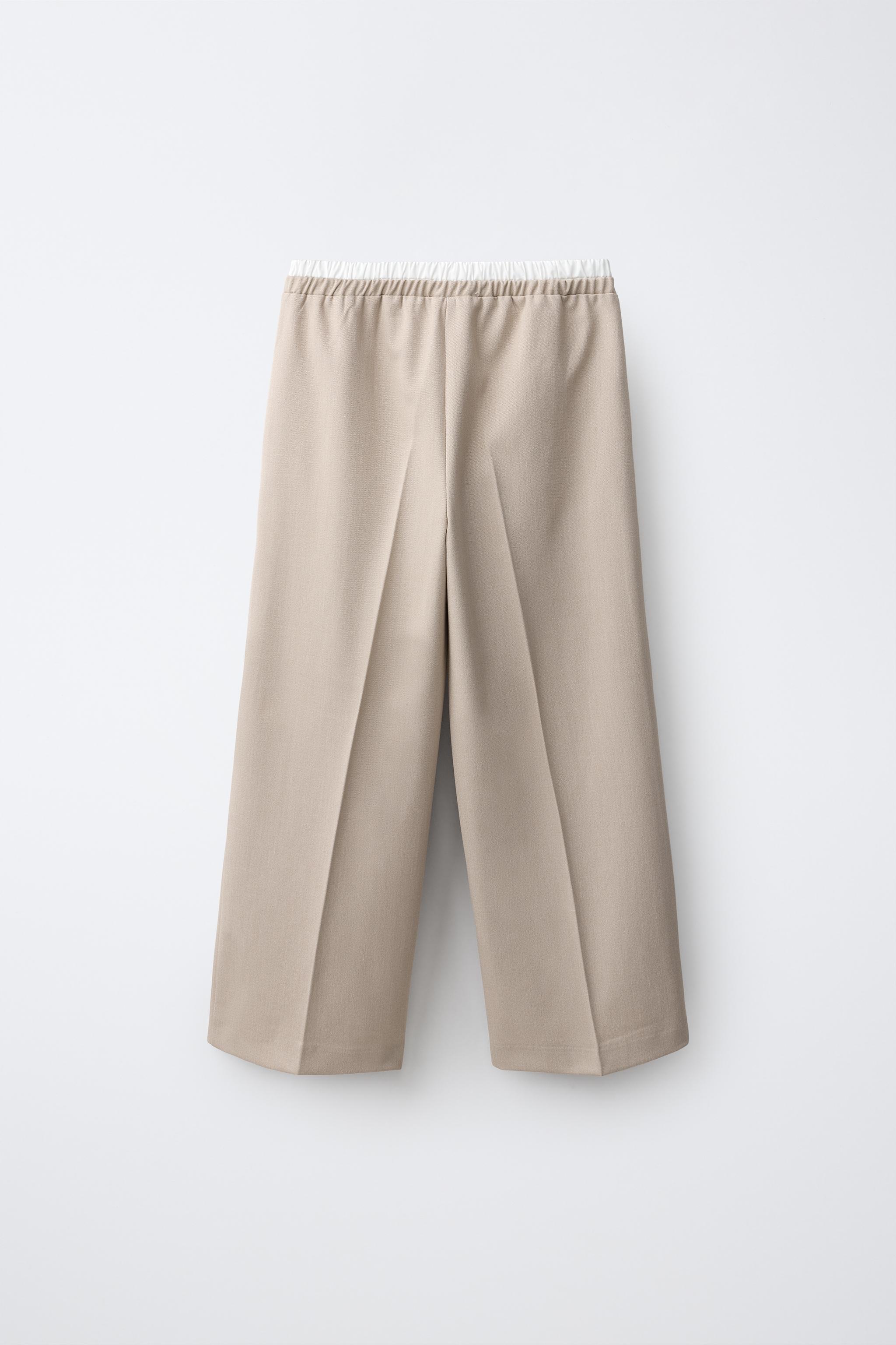 DOUBLE WAISTBAND WIDE LEG PANTS — Light beige