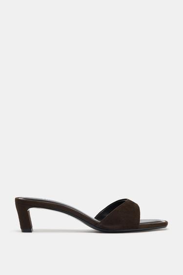 Zara SUEDE HEELED SANDALS - Chocolate Brown
