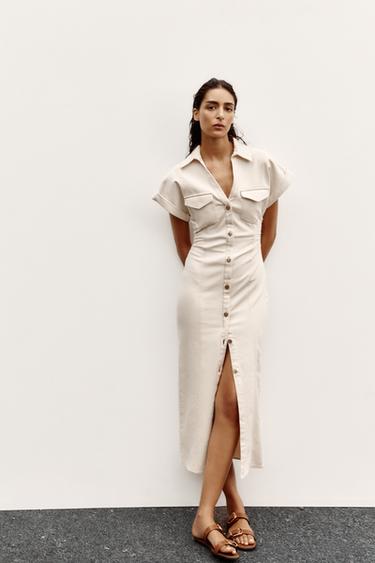 ROBE MIDI PLIS TAILLE - Écru de Zara