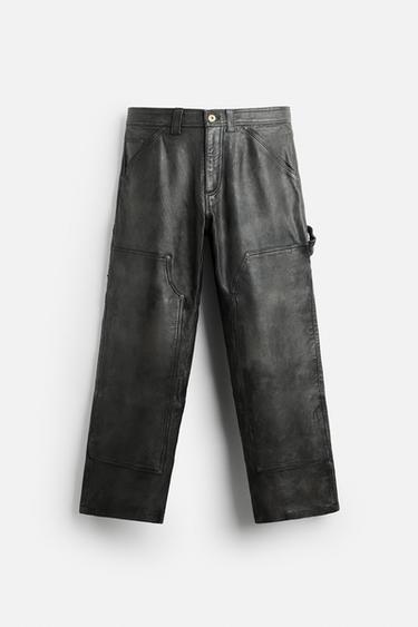 CALÇA CARPENTER DE COURO COM EFEITO DE LAVAGEM - Cinza-vigoré da Zara