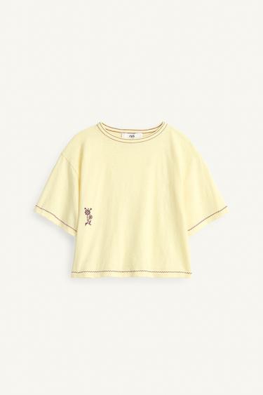 Zara LIMITED EDITION EMBROIDERED FLORAL STITCH T-SHIRT - Vanilla