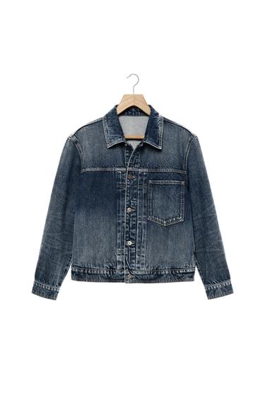 Zara PLEATED DENIM JACKET - Mid-blue