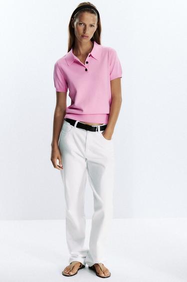 SHORT SLEEVE KNIT POLO TOP - Mid-pink by Zara