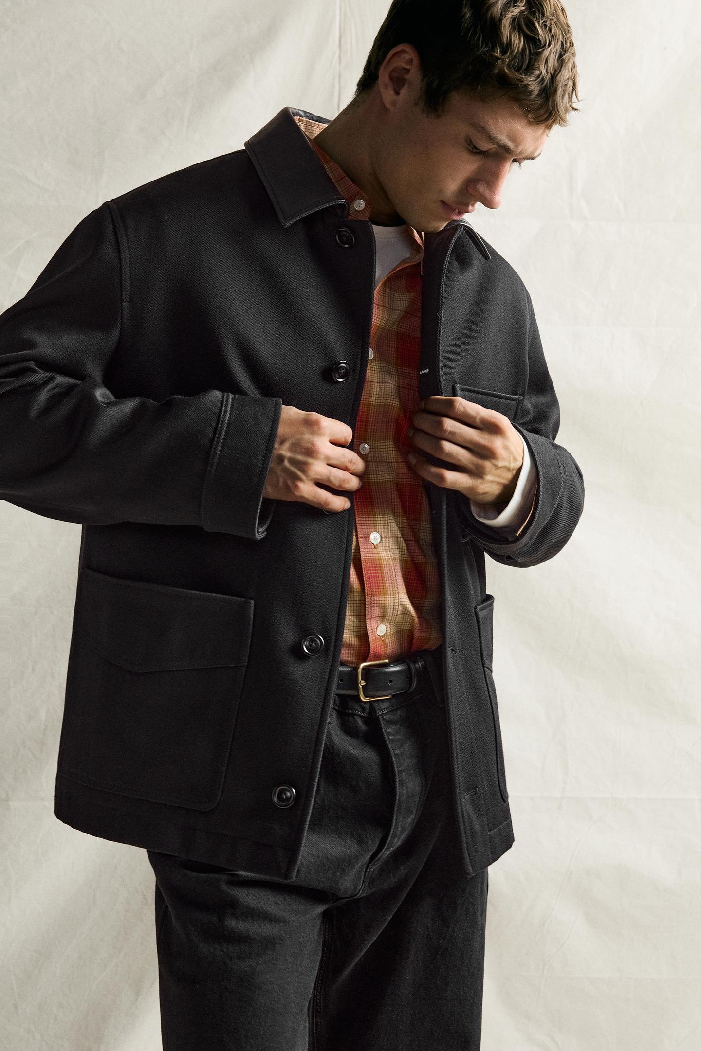 Мужская куртка Zara Wool Blend Jacket with Leather Collar, цвет: Чёрный — фото 5
