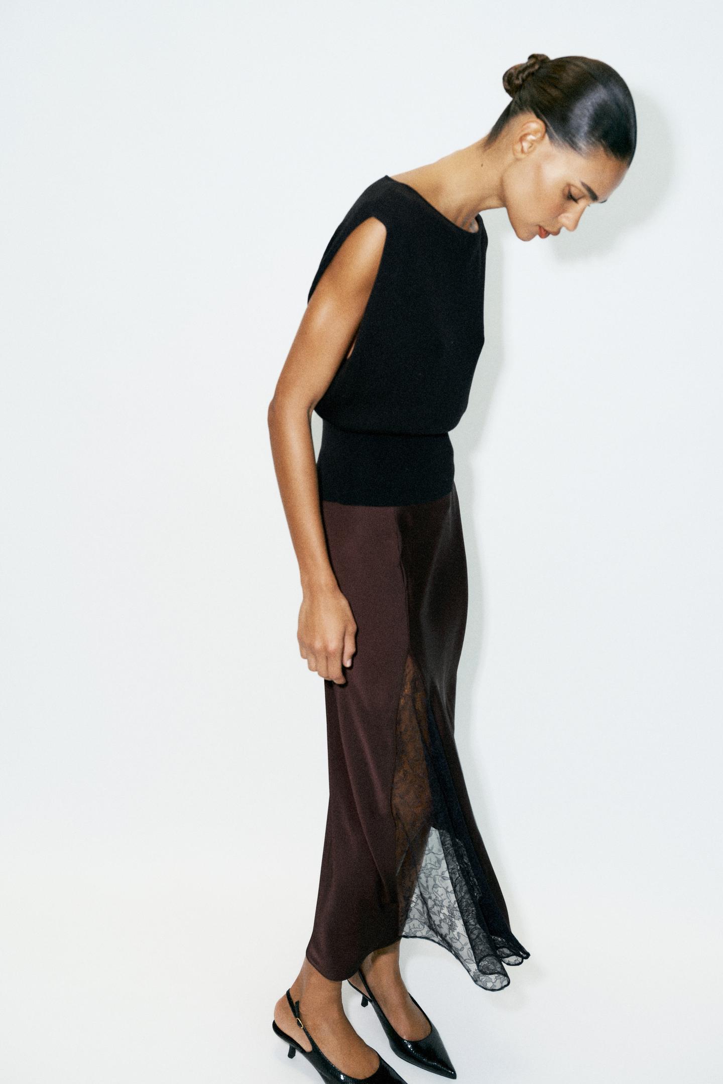 Женская юбка Zara Combined Satin MIDI, цвет: Коричневый — фото 6