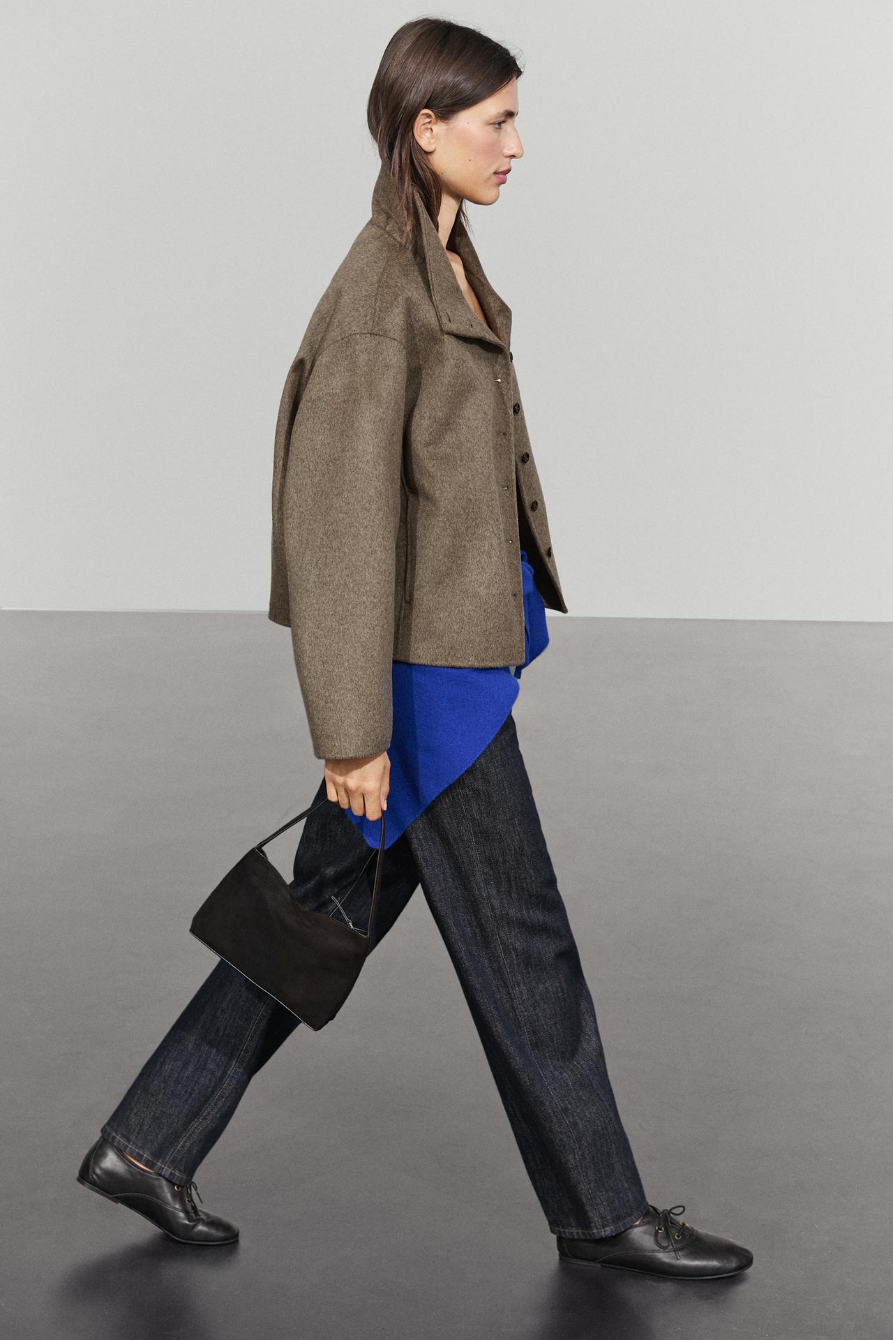 Wool blend high collar coat — Dark brown
