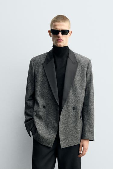 Zara DOUBLE BREASTED CONTRASTING TEXTURED BLAZER - Navy blue