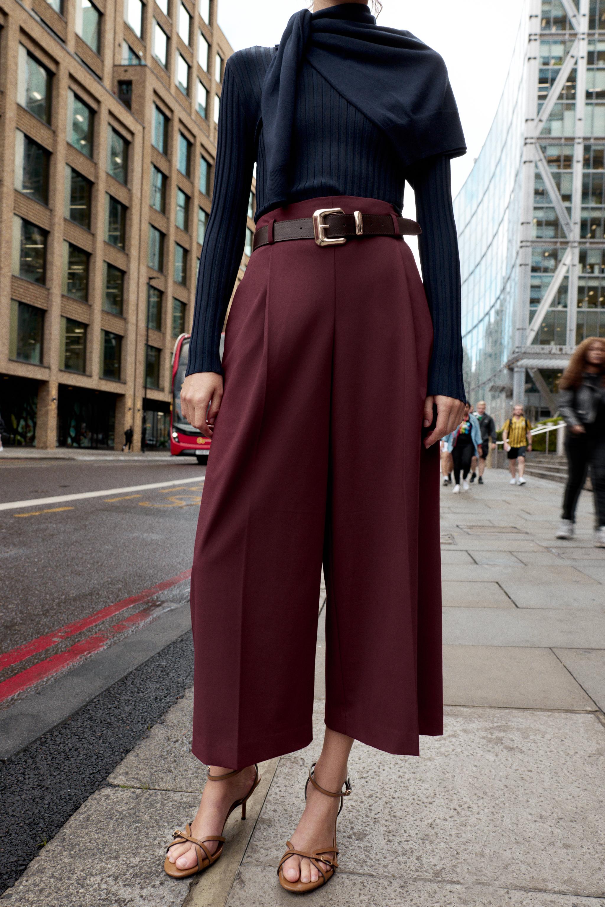 PLEATED BELTED PANTS - Burgundy | ZARA United States