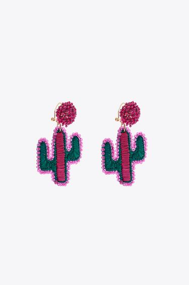 CACTUS RAFFIA RHINESTONE EARRINGS - Pink by Zara - Image 1