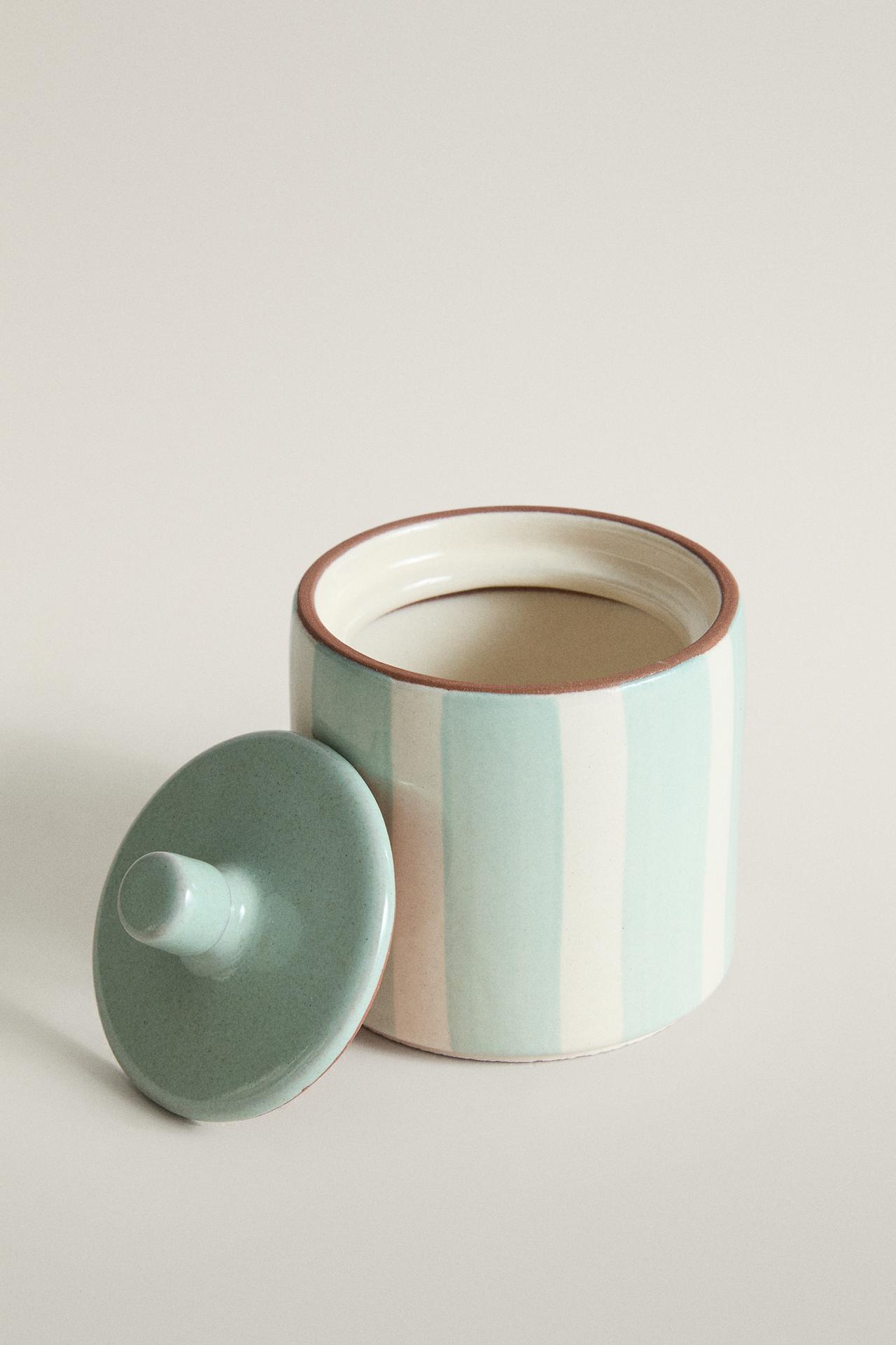 STRIPED CERAMIC BATHROOM ORGANISER JAR — Blue/White