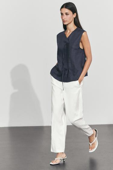 100% linen crossover top with button detail — Navy blue 1