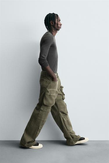 Zara 牛仔工裝多口袋長褲 - 綠色
