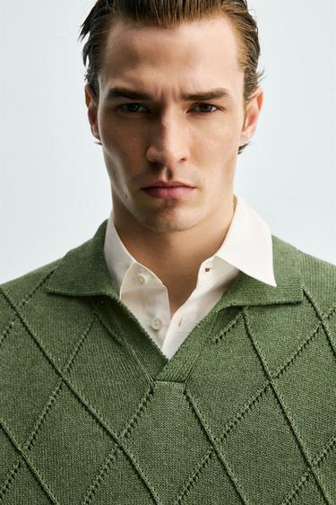 Zara KNIT OPENWORK TEXTURED POLO SHIRT - Khaki