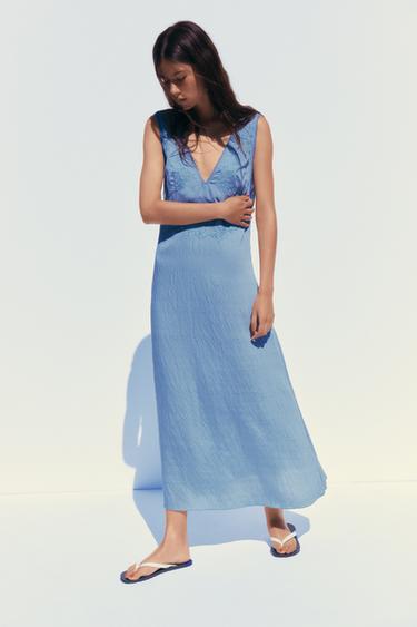 Zara EMBROIDERED MIDI DRESS - Blue