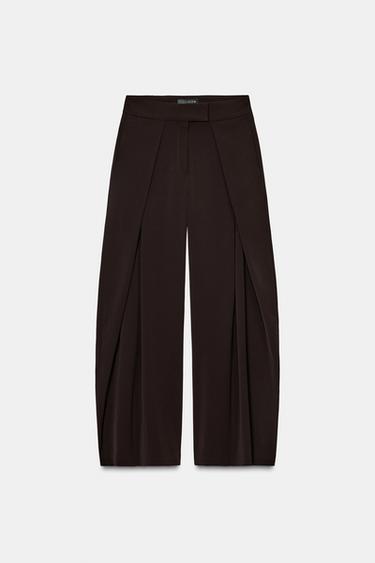 Zara ZW COLLECTION FLOWY PLEATED PANTS - Brown