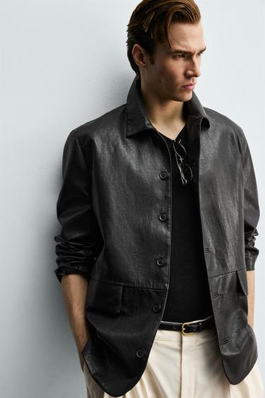 RELAXED FIT FAUX LEATHER OVERSHIRT - Black by Zara - Image 4