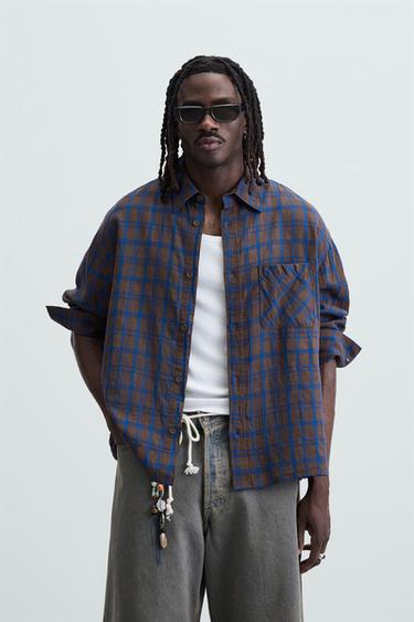 CAMISA CUADROS ALGODÓN - LINO - Marrón-Azul de Zara