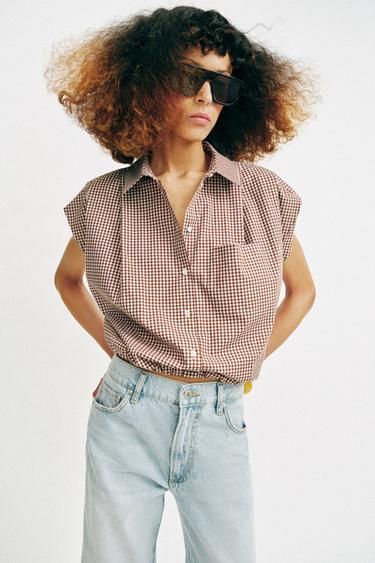 Zara GINGHAM 格紋短版襯衫 - 棕色/白色