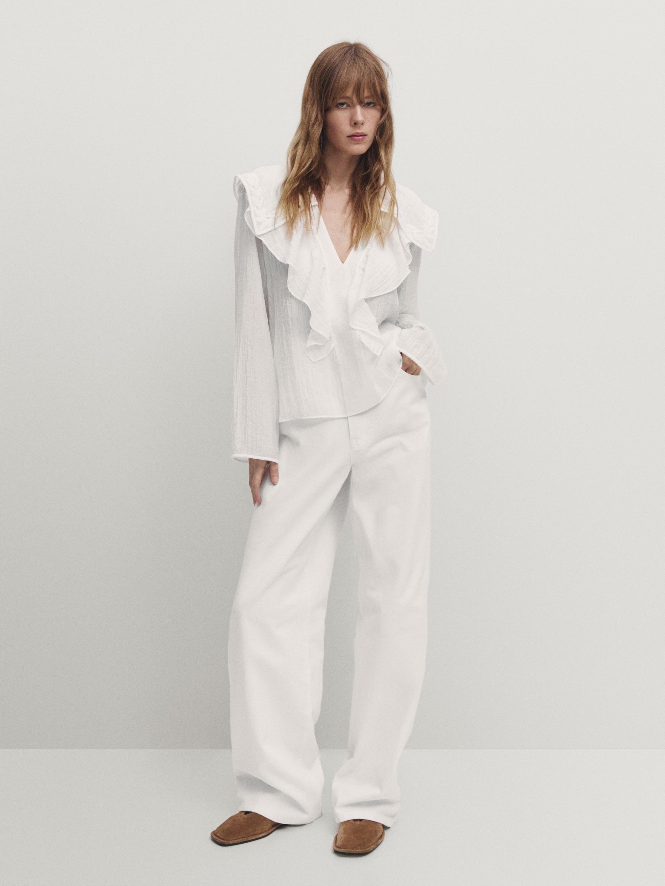 Ruffled shirt with embroidered detail - White | ZARA Canada