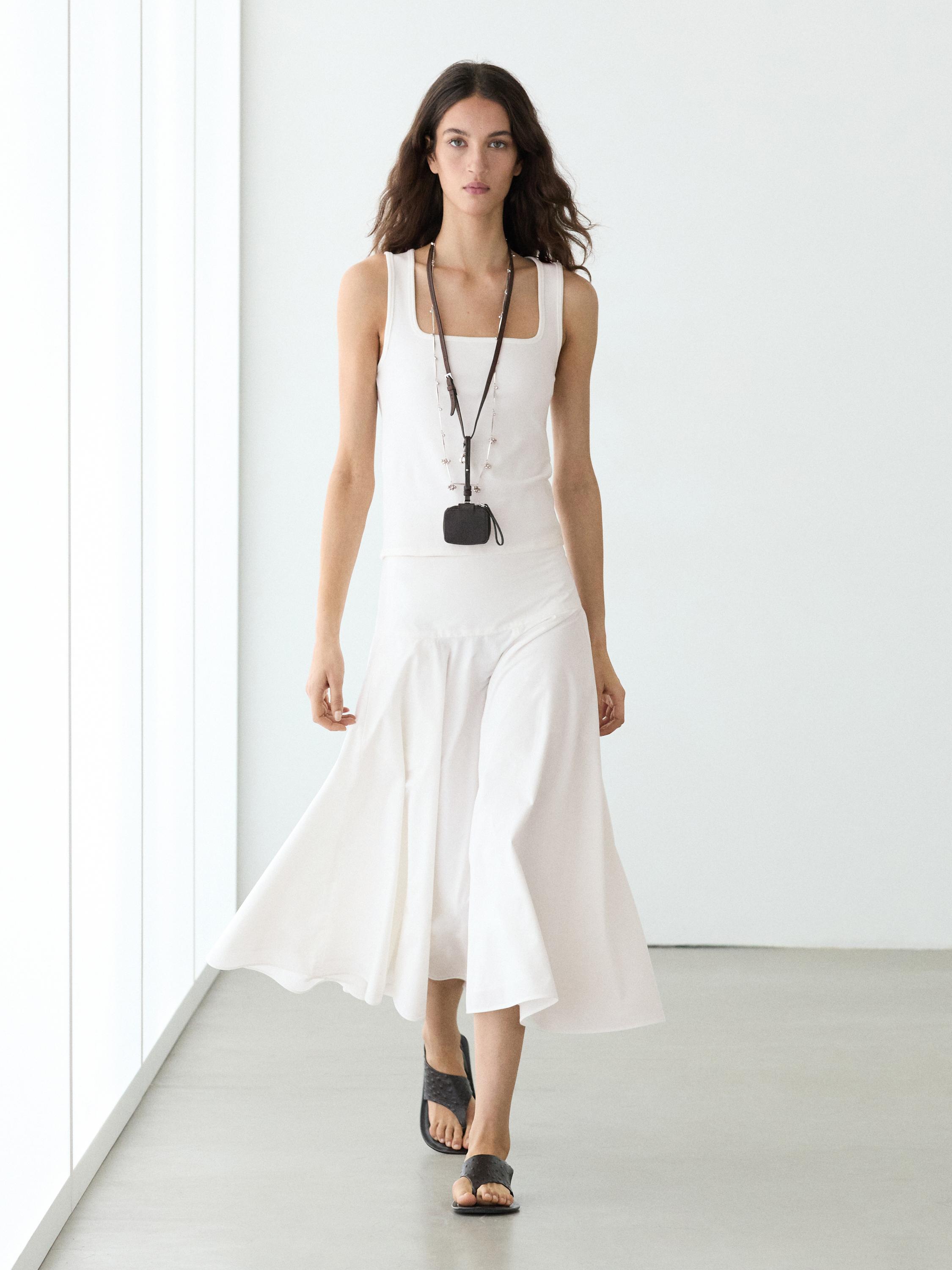 100% cotton midi skirt with yoke detail — White