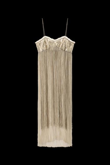 VESTIDO COMBINADO BORDADOS FLECOS - Blanco roto de Zara - Imagen 0