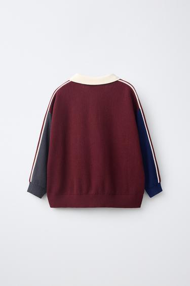 COLOUR BLOCK KNIT POLO SHIRT WITH NUMBER PATCH — Burgundy 2