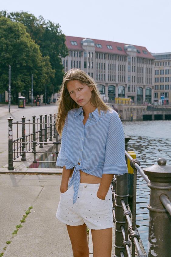Net Tasker Z1975 SHORTS MED MELLEMHØJ TALJE OG BRODERI - råhvid-hvid | ZARA Danmark