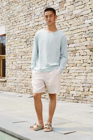 Zara 100% 亞麻標準版短褲 - 淺米色