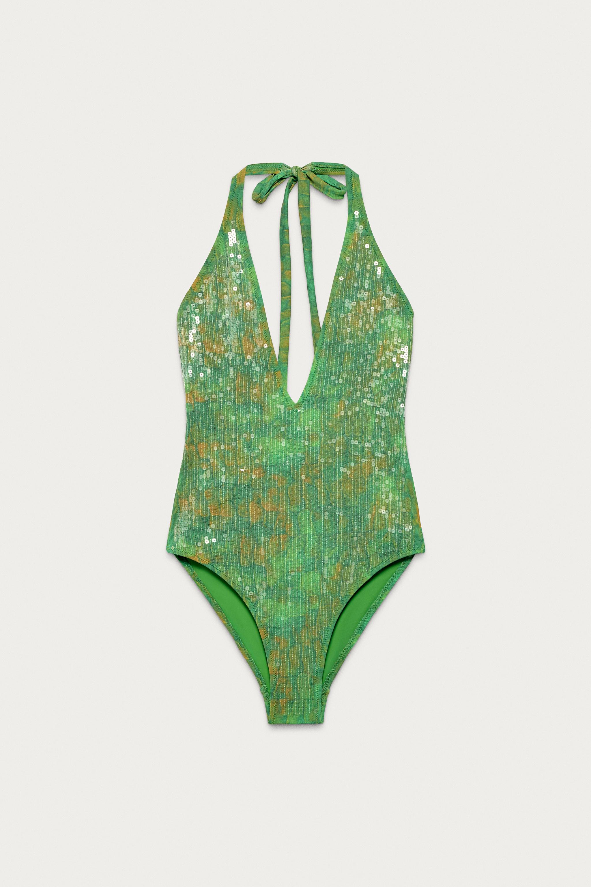 MARISA BERENSON X ZARA SEQUIN HALTER SWIMSUIT — Green