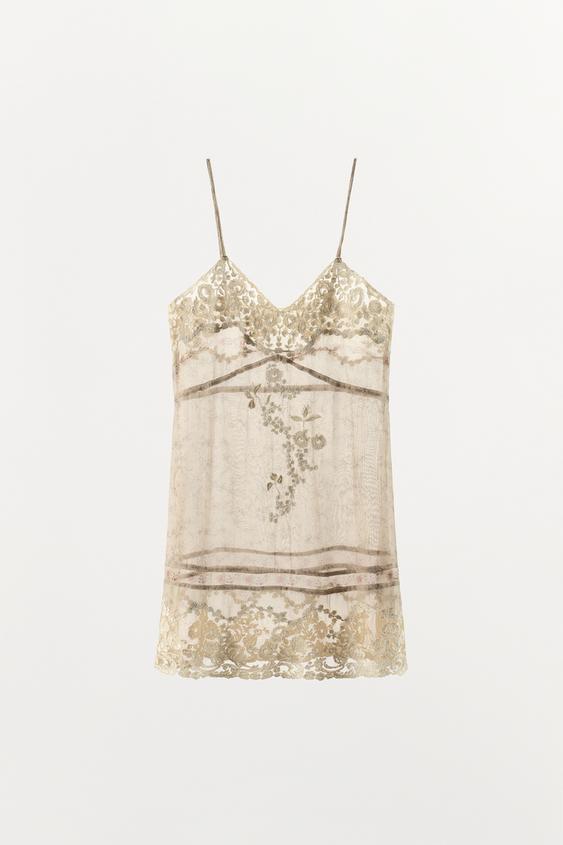 zara printed organza dress PRINTED ORGANZA DRESS WITH EMBROIDERY - Ecru