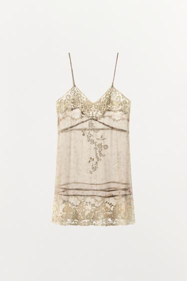 PRINTED ORGANZA DRESS WITH EMBROIDERY - Ecru by Zara