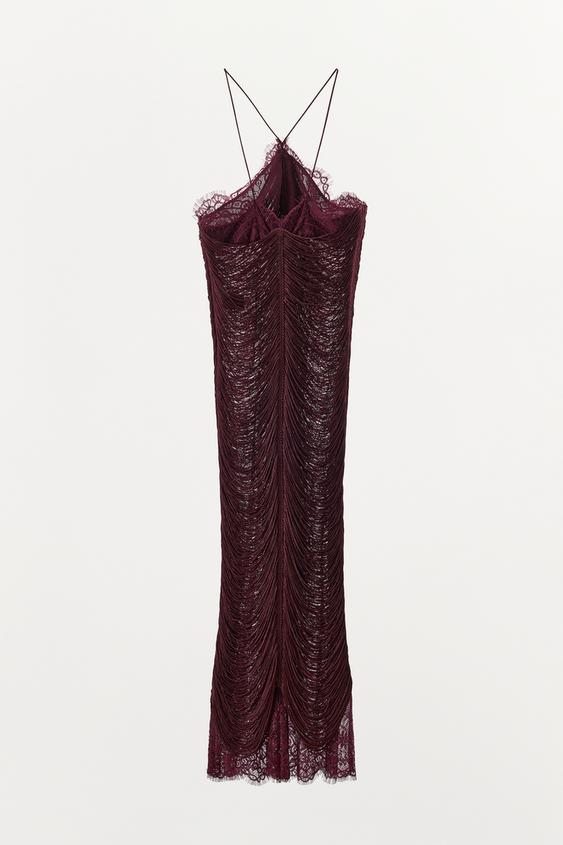 Zara Fringed Lace Halter Dress Burgundy Ref 5919/117/606